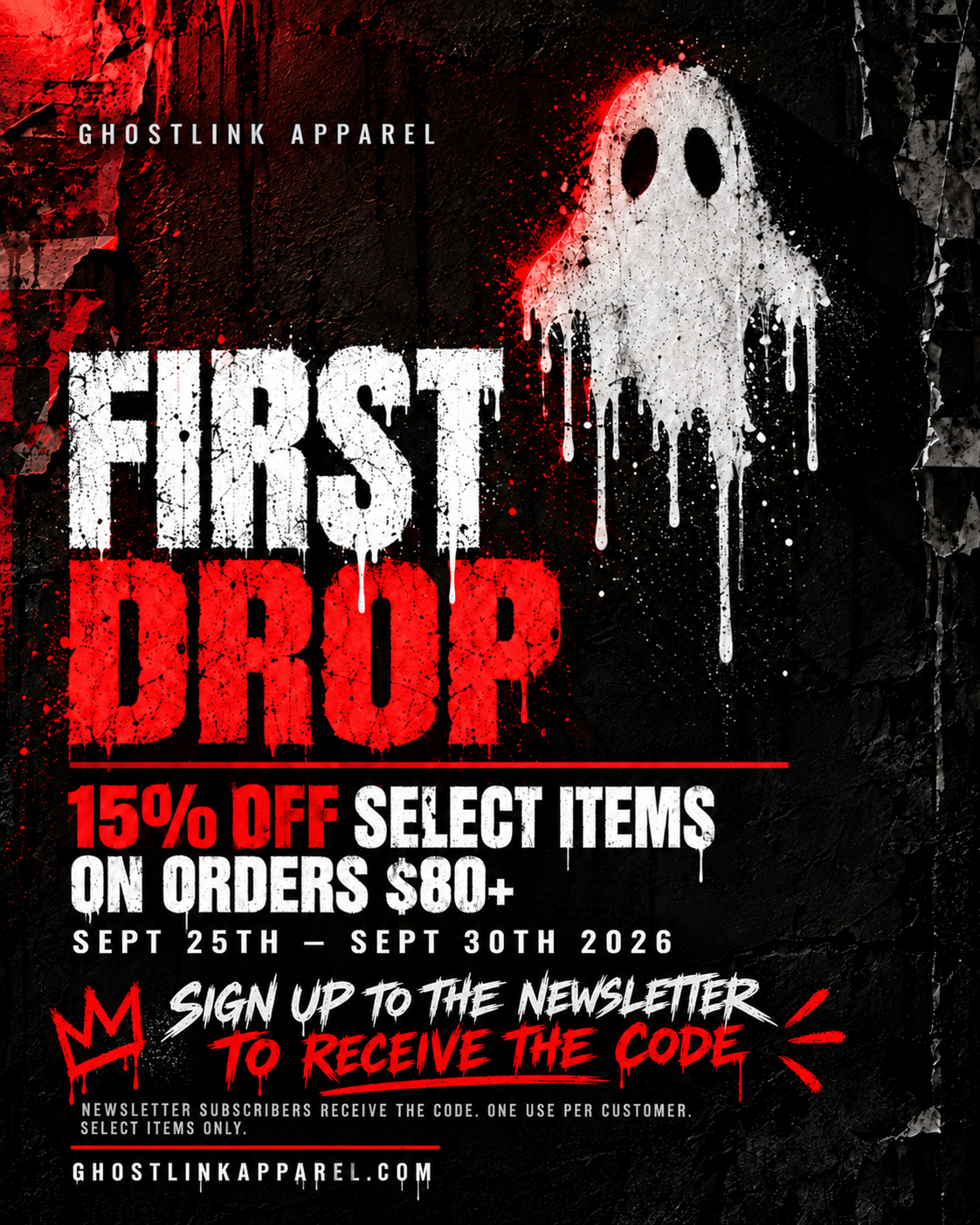 Ghostlink First Drop — 15% off select items on orders $80+, Sept 25–30