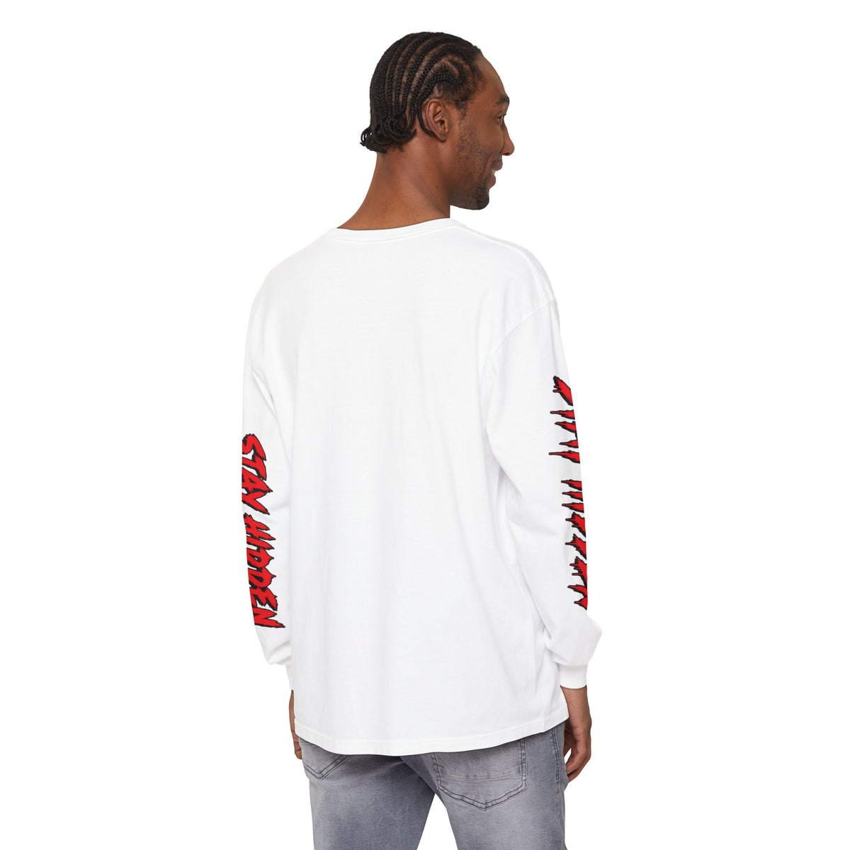 Stay Hidden Crown Long Sleeve T‑Shirt — Streetwear Graphic Tee with Red Sleeve Text