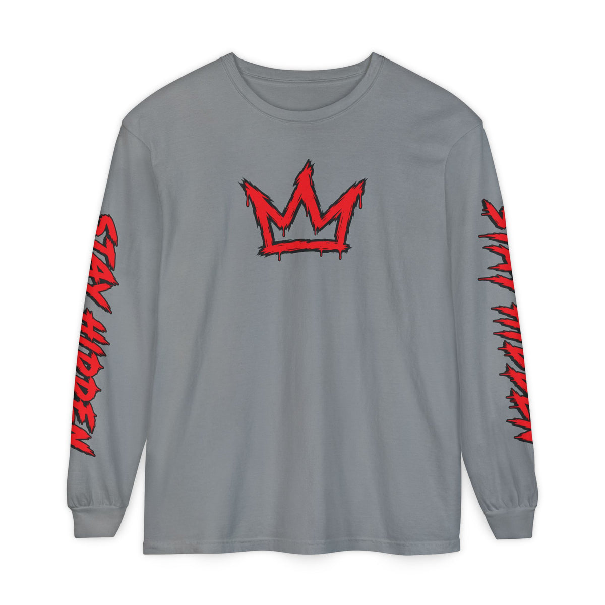 Stay Hidden Crown Long Sleeve T‑Shirt — Streetwear Graphic Tee with Red Sleeve Text