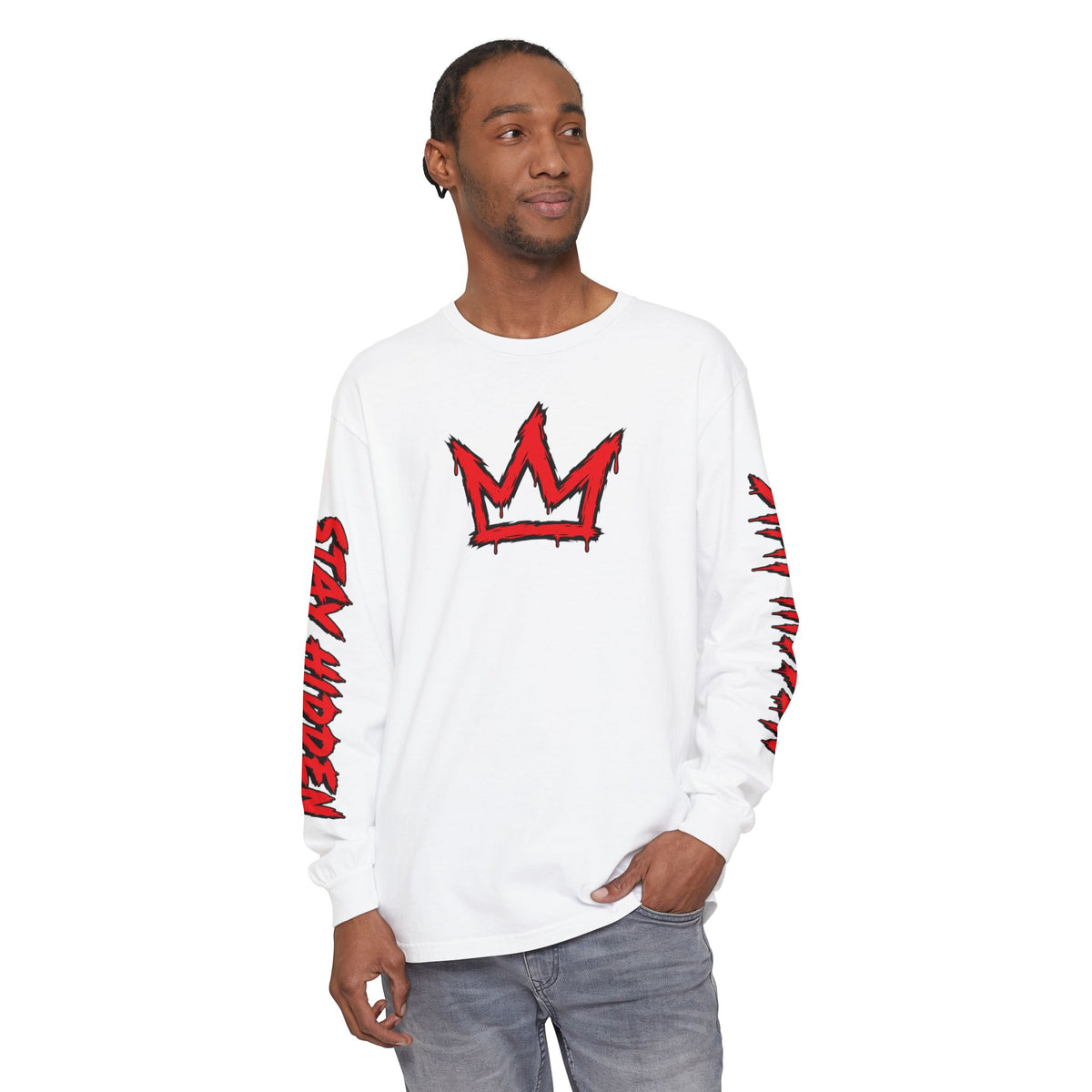 Stay Hidden Crown Long Sleeve T‑Shirt — Streetwear Graphic Tee with Red Sleeve Text