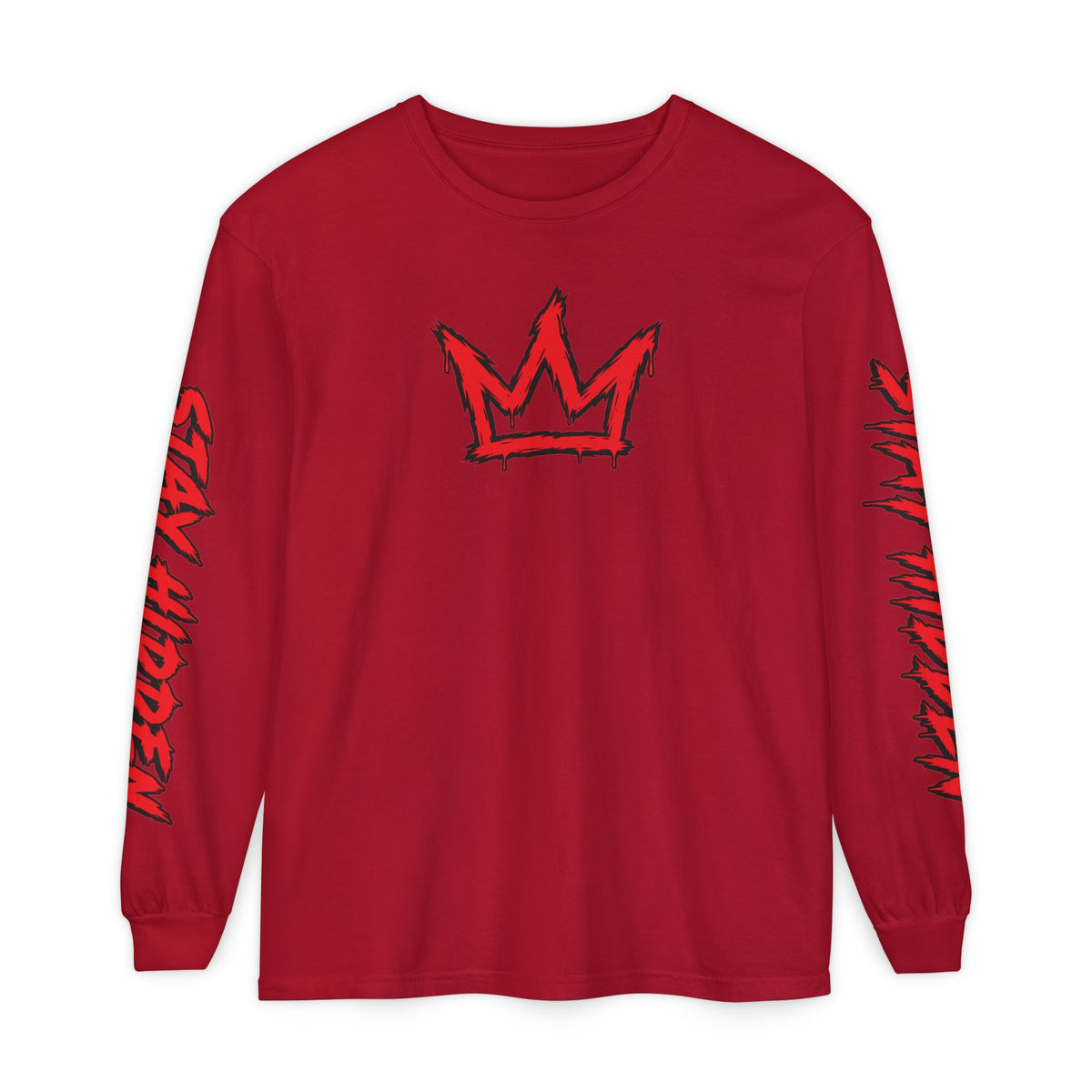 Stay Hidden Crown Long Sleeve T‑Shirt — Streetwear Graphic Tee with Red Sleeve Text