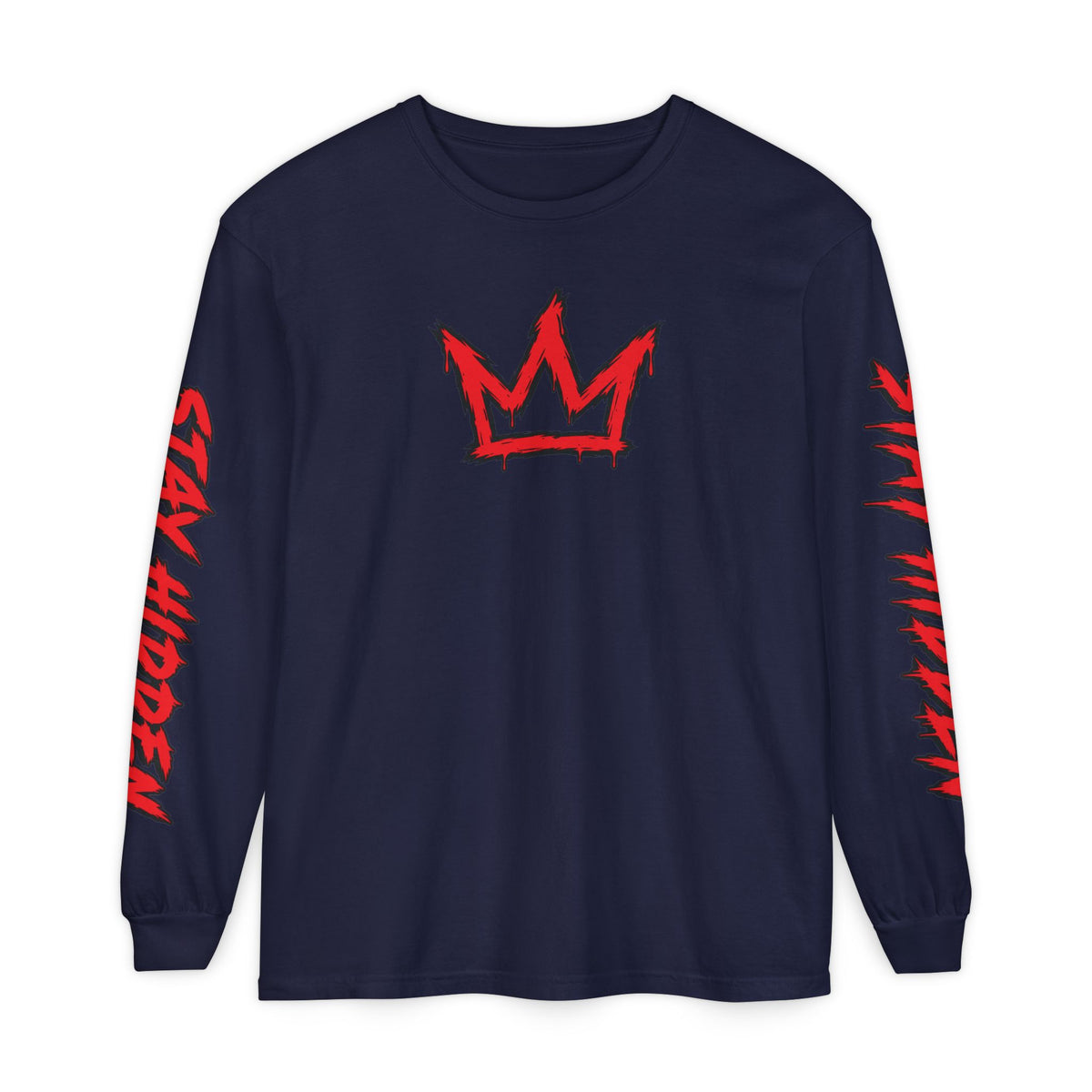 Stay Hidden Crown Long Sleeve T‑Shirt — Streetwear Graphic Tee with Red Sleeve Text