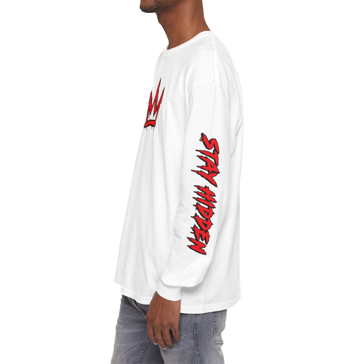 Stay Hidden Crown Long Sleeve T‑Shirt — Streetwear Graphic Tee with Red Sleeve Text