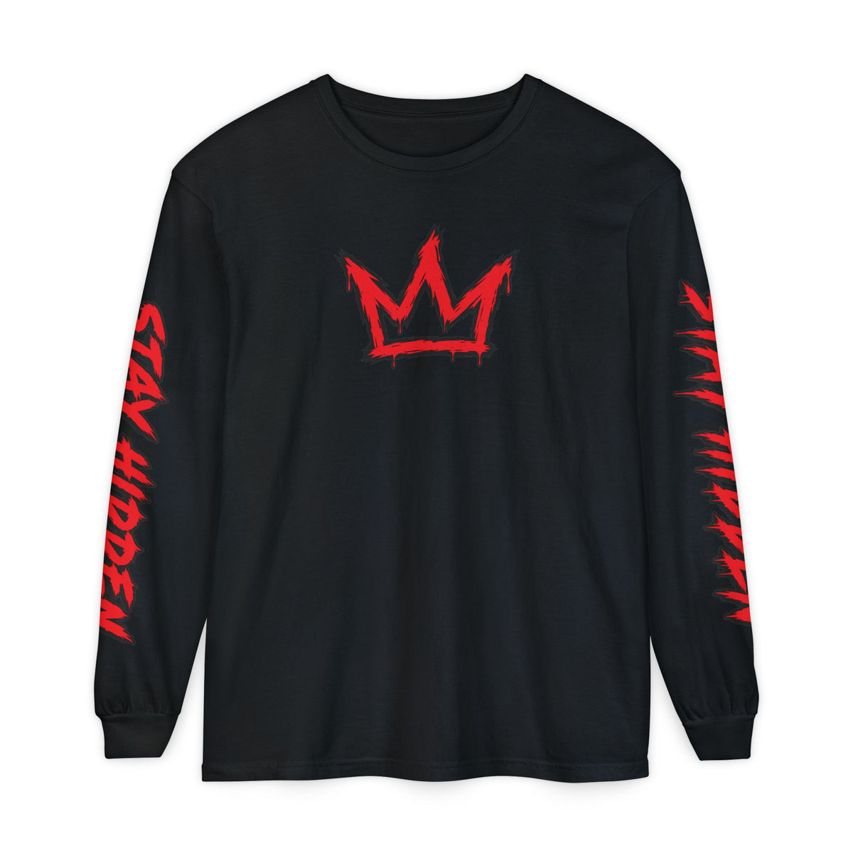 Stay Hidden Crown Long Sleeve T‑Shirt — Streetwear Graphic Tee with Red Sleeve Text