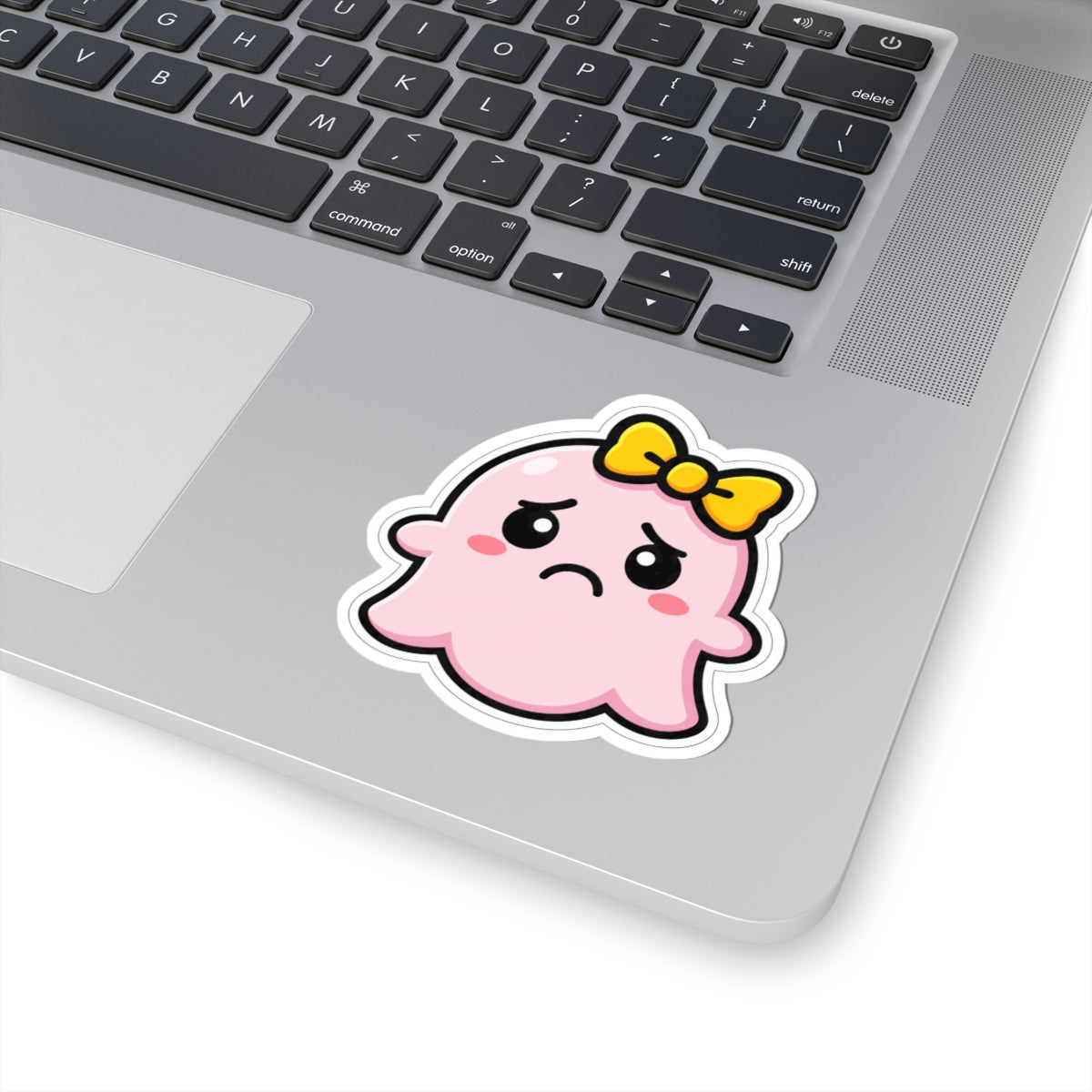 "Daisy Sad" Spookie Sticker — Kawaii Bow Ghost Kiss-Cut Decal