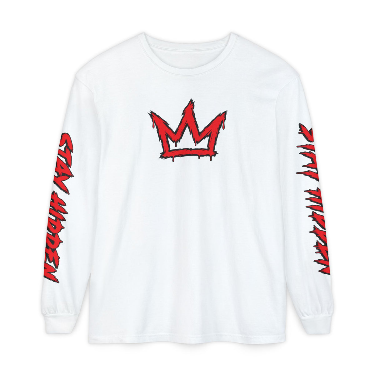 Stay Hidden Crown Long Sleeve T‑Shirt — Streetwear Graphic Tee with Red Sleeve Text