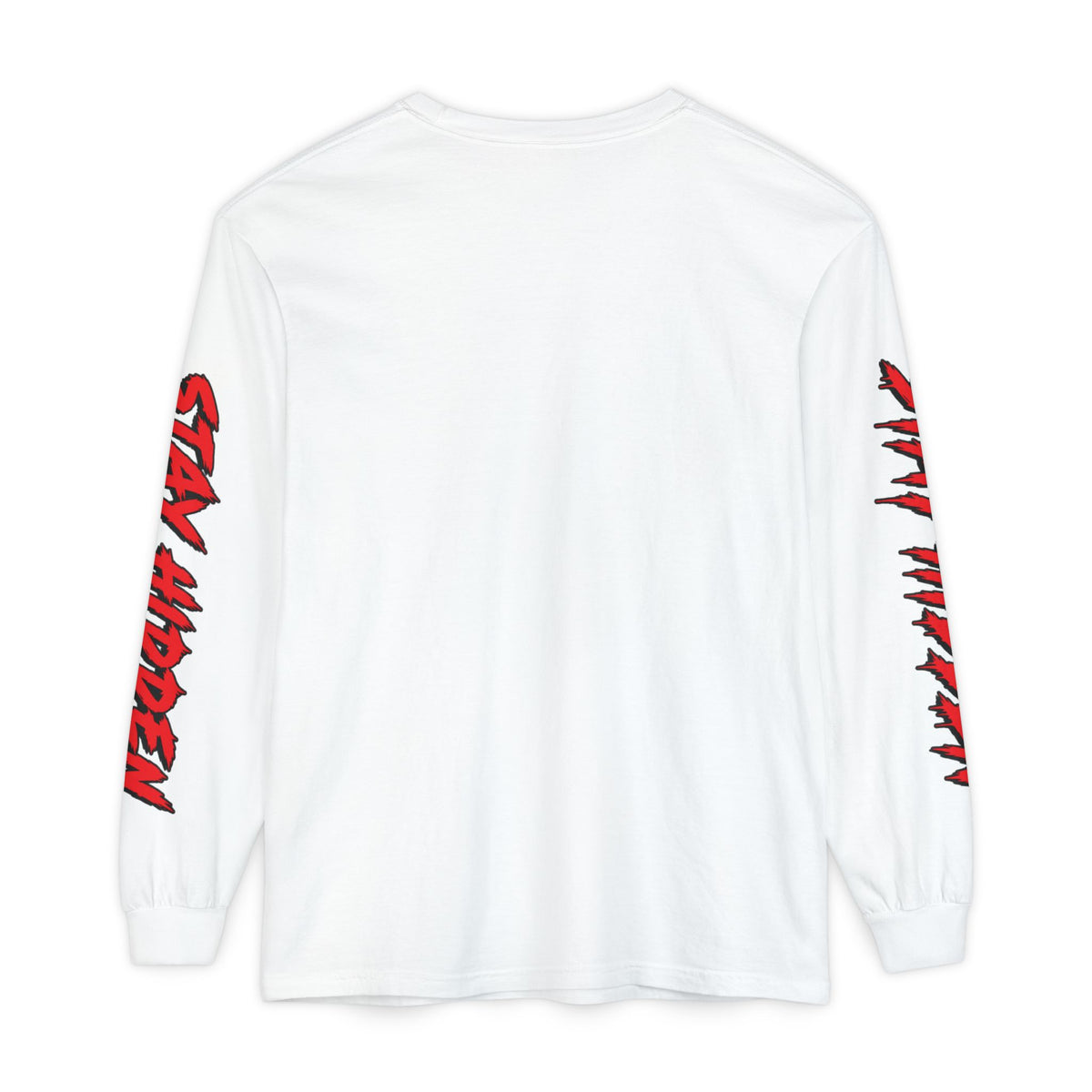 Stay Hidden Crown Long Sleeve T‑Shirt — Streetwear Graphic Tee with Red Sleeve Text
