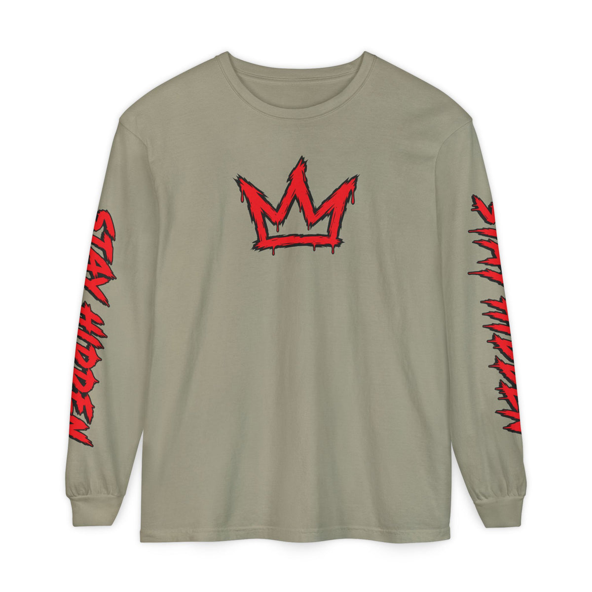 Stay Hidden Crown Long Sleeve T‑Shirt — Streetwear Graphic Tee with Red Sleeve Text